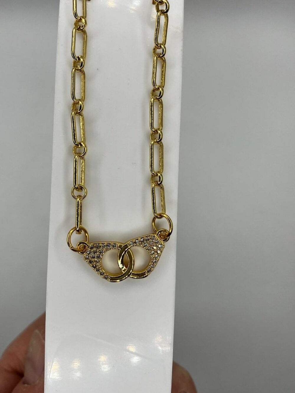 Unique Real 18k Gold over Brass Paperclip Chain + Hand cuffs Pendant 18-in NEW